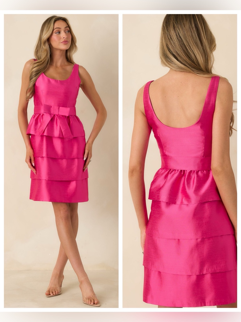 Prosperina Gold Label | Aveline Hot Pink Bow Tiered Mini Dress Scoop Neck | L